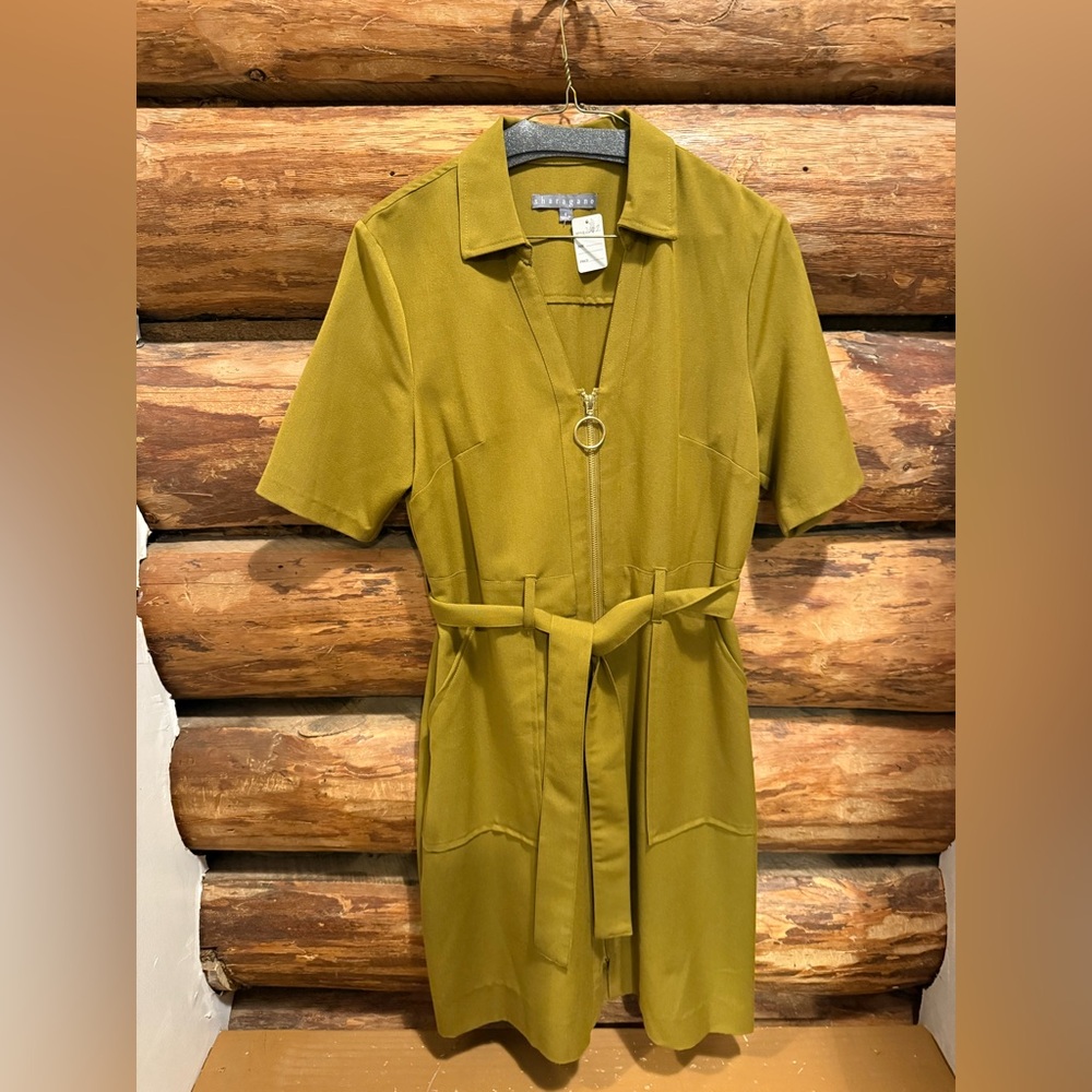 💚Olive Green Short Sleeve Sharagano 8 Belted Dress
